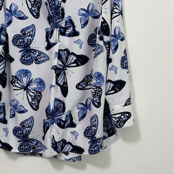 Paige Investments Blouse Popover Top S Blue Butterfly Summer Spring Party V Neck - Picture 2 of 9